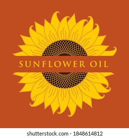 Square vector banner or label for sunflower oil with a sunflower close-up and inscription on a brown background