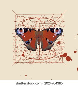 Square vector banner with a peacock eye butterfly on an old paper background with handwritten lorem ipsum text and hand-drawn geometric figures. A beautiful bright insect with red wings, top view