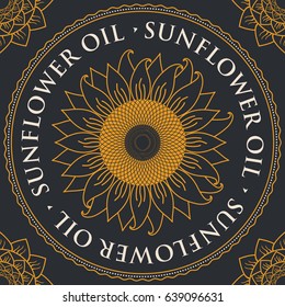 square vector banner for refined sunflower oil with sunflower inscribed in a round frame on a black background