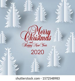 Square vector banner or social media post template with Merry Christmas and Happy New Year calligraphic lettering with paper christmas trees on gray blue background.
