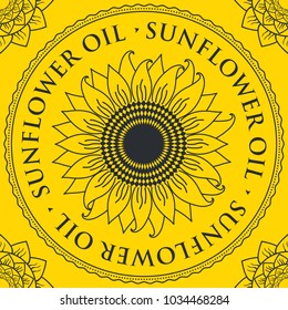 Square vector banner for sunflower oil with sunflower inscribed in a round frame on a yellow background with contour drawings