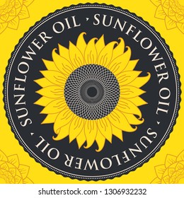 Square vector banner for sunflower oil with sunflower inscribed in a round frame on a black and yellow background with contour drawings