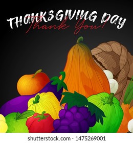 square vector banner for thanksgiving day or harvest festival with hand draw illustration of cornucopia or horn of plenty with vegetables and fruits and mushrooms on dark background and text