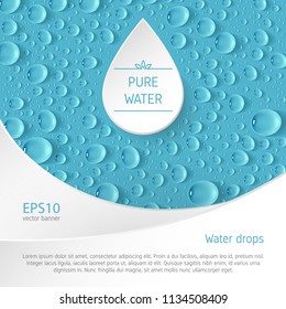 A square vector banner with transparent realistic drops in the background, a frame for the logo in the form of a droplet in the center and a place for text. Flyer design elements.