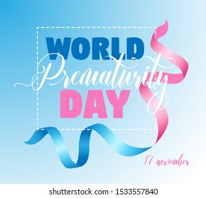 Square vector banner for World Prematurity day. Ribbon in blue and pink color. Image format with a square two color gradient blue and white and strikes frame light white