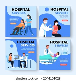 Square vector banners of services with doctors and patients in hospital. Patient care, examination, consultation. Flat cartoon illustration. 