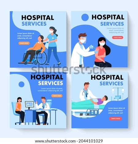 Square vector banners of services with doctors and patients in hospital. Patient care, examination, consultation. Flat cartoon illustration. 