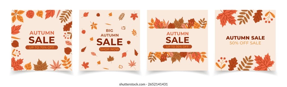 Square vector banners set for autumn sale with colorful foliage. Template for fall seasonal discounts in stores, backdrop, poster, invitation, brochure, leaflet, social media post, web ads, postcard.