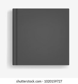 Square vector black realistic book, closed organizer or photobook cover mockup. Front view of notepad or diary with binding template for catalog, children book, menu