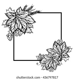 Square vector black and white frame with hop and wheat/Hand drawn composition of the branches and hop heads, wheat, ears of grain