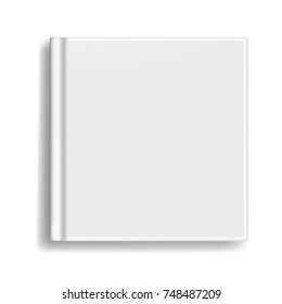 Square vector blank realistic book, closed organizer or photobook cover template. Front view of notepad or diary with binding mockup for catalog, children book, menu