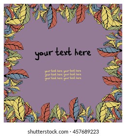 Square Vector bright frame of the plant leaves. Purple background. There is a place for your text. Handmade. Summer mood. It can be used for packaging, invitations, greeting cards, etc.