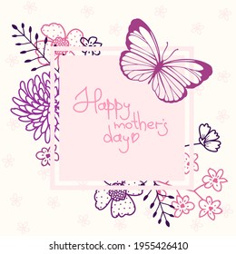 square vector card happy mothers day in gentle pink outline colors with butterfly and flowers
