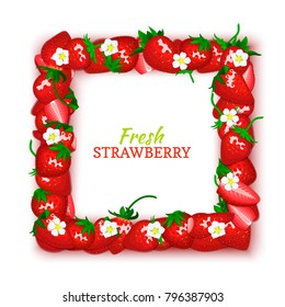 Square vector card illustration. Juicy frame composed of delicious strawberry fruit. Rectangle strawberry frame. Ripe berries for design food, juice, jam, ice cream, smoothies, detox, cosmetics cream