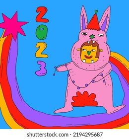square vector card for retro christmas and new year.humor party carnival-guy in a rabbit costume with fireworks.Pink bunny.1970 psychedelic groovy and funky template. 80s hipster modern holiday party.