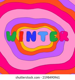 square vector card for retro christmas and new year.abstract rainbow shapes with infantile "winter" lettering text.1970 psychedelic groovy and funky template.social media template.good vibes card