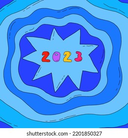 square vector card for retro christmas and new year.abstract rainbow shapes with infantile "2023" lettering text.1970 psychedelic groovy and funky template.80s hipster modern holiday party.