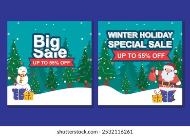 Square vector collection of big discounts for Christmas specials with snow and ribbons, various decorative lights and price promotion decorations. for design templates for Christmas