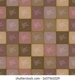 Square vector convex segments of chocolate of different shades from light dairy to dark brown bitter with a pattern in the form of leaves or birds seamless pattern.