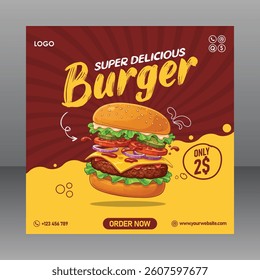 Square Vector Editable Super Delicious Burger Food Poster or Flyer For Restaurant And Marketing Purposes, Food Poster, Food Banner, Food Flyer, Restaurant Poster, Restaurant Flyer, Restaurant Banner