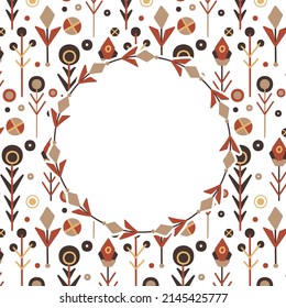 Square vector festive card with wreath with copy space and flowers with folk art on white background. Scandinavian postcard with floral decorations. Holiday template banner with geometric ornaments 