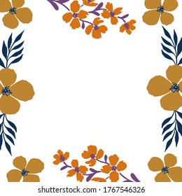 Square vector floral frame for greeting card birthday or wedding invitation. Abstract flowers frame in mustard color