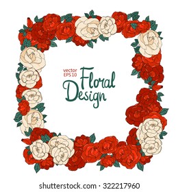Square Vector Floral  Frame. Hand Drawn Red Roses and Leaves Border On White Background. Good For Web, Print, Invitations, Greeting and Save The Date Cards.