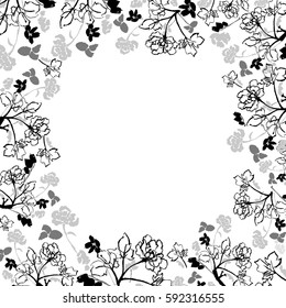 Square vector floral frame. Ink peonies monochrome print. Contour and filled black flowers on white background. Design can be used as postcard template, invitation, greeting card etc.