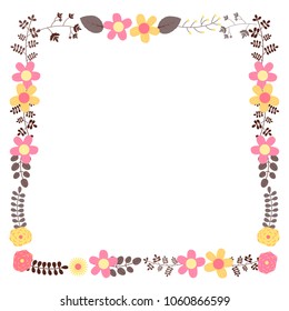 Square vector floral frame template for wedding invitations and greeting cards in pink, brown and yellow colors with copy space