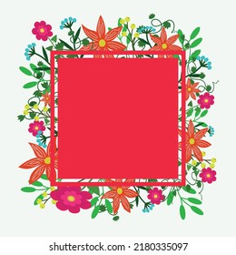 Square vector frame with abstract flowers and twigs. Bright floral frame for inscriptions, invitations, wishes, suggestions.
