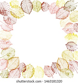 Square vector frame of alder and aspen leaves. Place for inscription. Bright leaf fall. Isolated vector elements on white background. Design for social media, poster, stickers, cards.