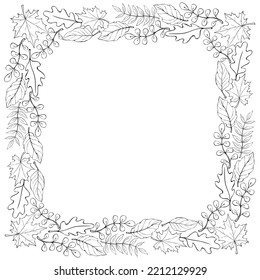 Square vector frame, border made of black outline leaves hand drawn in doodle style. Theme is forest, nature