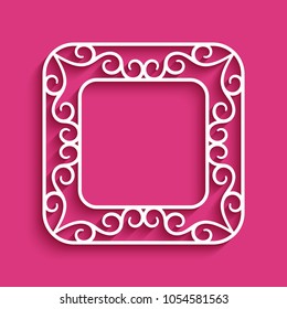 Square vector frame with cutout paper border, ornamental swirly decoration, vector template for cutting, eps10