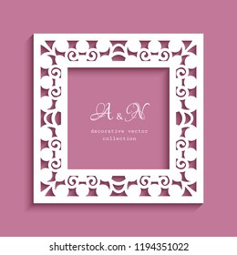 Square vector frame with cutout paper border and place for text, vector template for laser cutting, ornamental lace decoration for photo frame or wedding invitation design