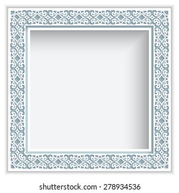 Square vector frame with cutout paper swirls, ornamental lace background, eps10