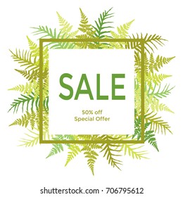 Square vector frame with fern frond jungle leaves background and Sale 50 % off special offer text. Bracken grass discount label border, marketing banner with fern, forest tropical leaves.