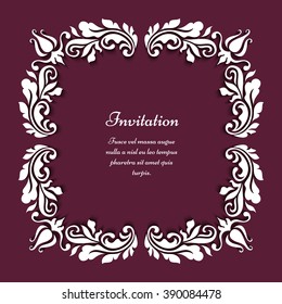 Square vector frame with floral corner decoration of paper swirls, greeting card or wedding invitation template, eps10