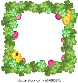Square vector frame of four-leafed clover, flowers and gold coins in the corners