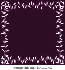 Square vector frame of garlands. Festive background. Christmas greeting card. Party lights. Bright glowing garlands with glowing lights isolated on purple background.