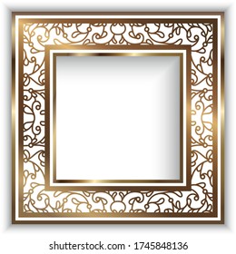 Square vector frame with gold border ornament. Art Deco style. Vintage golden decoration for wedding invitation card or packaging design. Place for text.