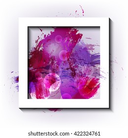 Square vector frame with grunge effect.  Bright pink and magenta watercolor background.  Design elements, hand drawn, abstract shape.