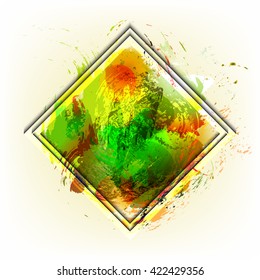 Square vector frame with grunge effect. Bright watercolor background.  Design elements, hand drawn, abstract shape.