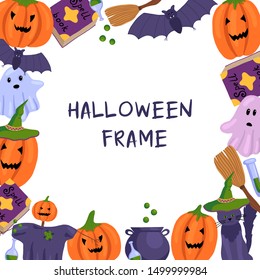 square vector frame for Halloween. Pumpkins, ghosts, a witch's cat, a bat. Illustration in hand drawn flat style.