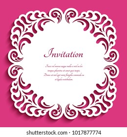 Square vector frame with lace border pattern, cutout paper ornament, template for laser cutting or wood manufacturing, elegant decoration for wedding announcement or invitation card, eps10