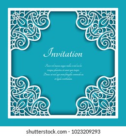 Square vector frame with lace border pattern, cutout paper ornament, template for laser cutting or wood manufacturing, elegant decoration for wedding announcement or invitation card, eps10