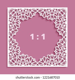 Square vector frame with lace border ornament, template for laser cutting, elegant cutout decoration for wedding invitation card with place for text