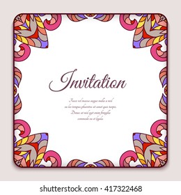 Square vector frame with ornamental corners, decorative element for invitation card or packaging design