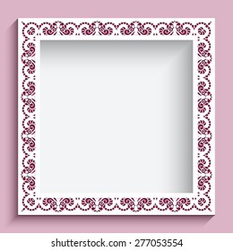 Square vector frame with paper swirls, ornamental lace background, eps10