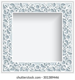 Square vector frame with paper swirls,  ornamental lace background, greeting card or wedding invitation template, eps10