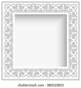 Square vector frame with paper swirls, ornamental white lace background, eps10